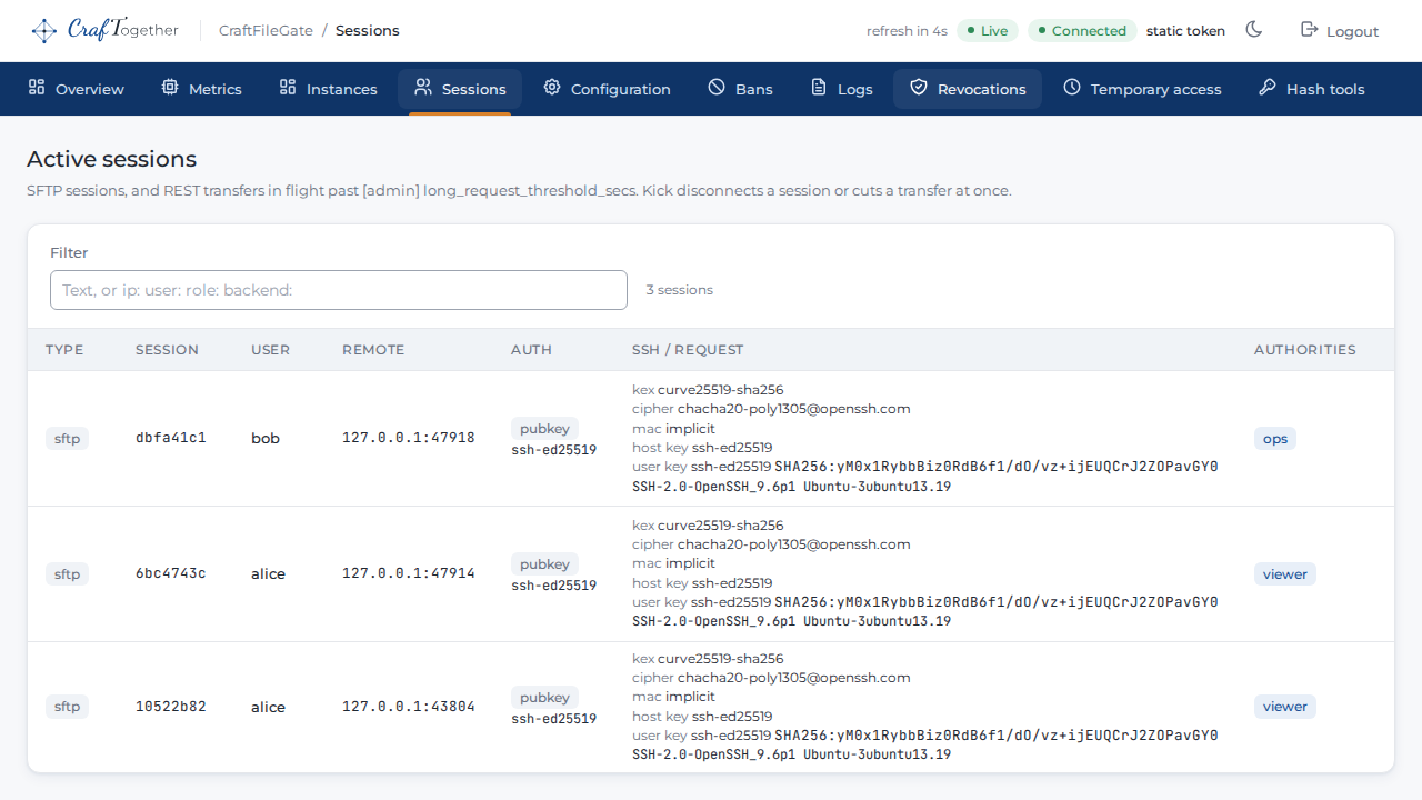 La console : sessions de toutes les instances